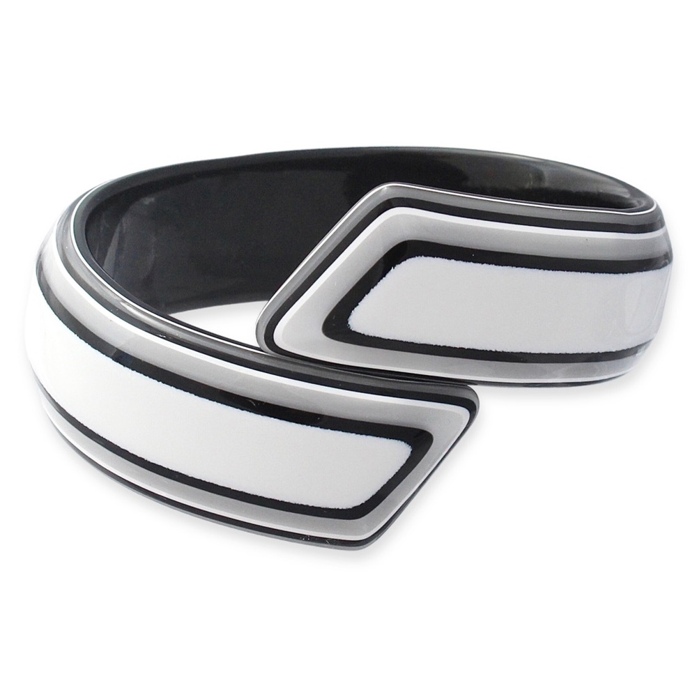 Vintage Lea Stein Bypass Bangle Bracelet Black, White, Gray Striped Plastic